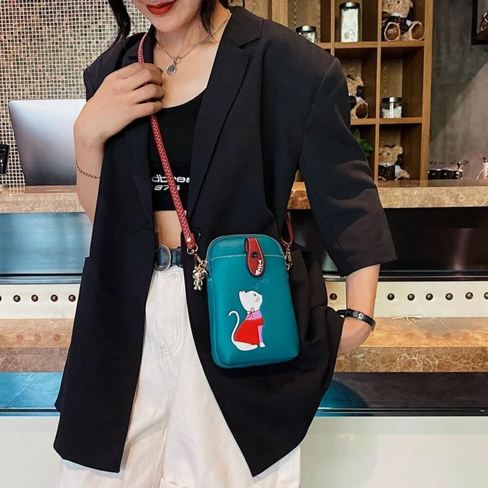 Women Small Leather Crossbody Bag Cute Cat Design Lightweigh